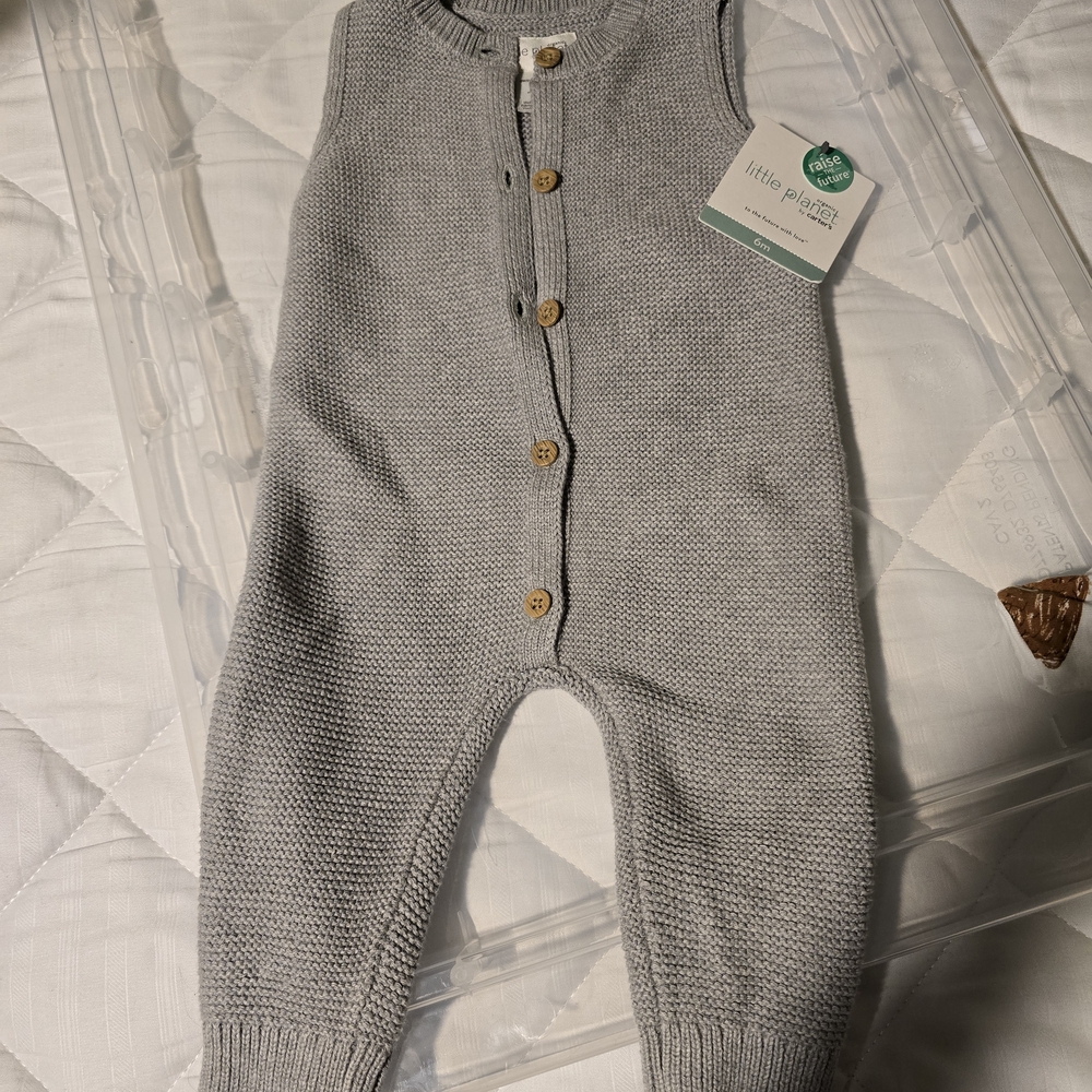 Gray Knit Baby Romper with Wooden Buttons